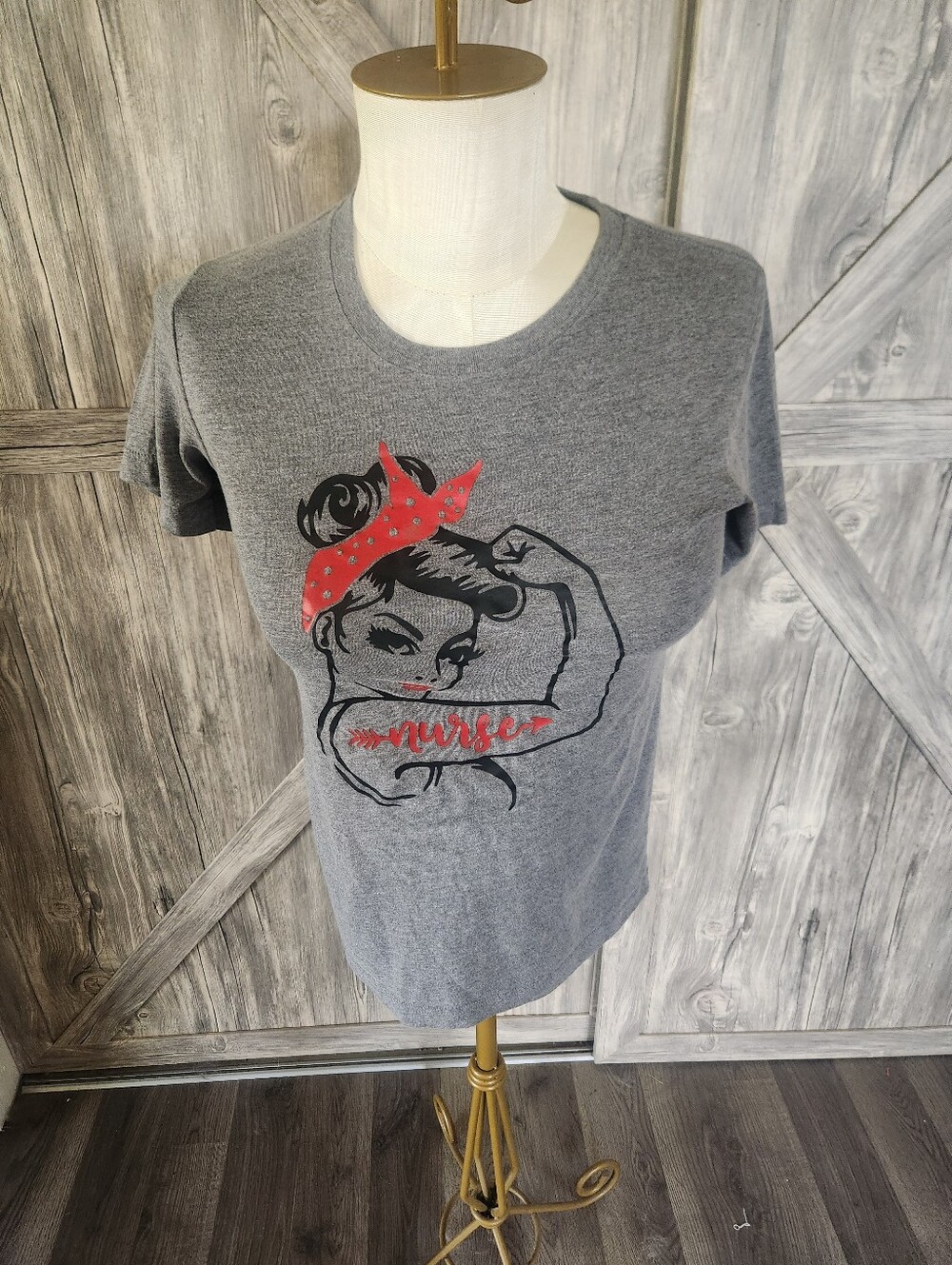 Bella Canvas Gray Graphic 'Nurse' Rosie Riveter Tee with Red Bandana